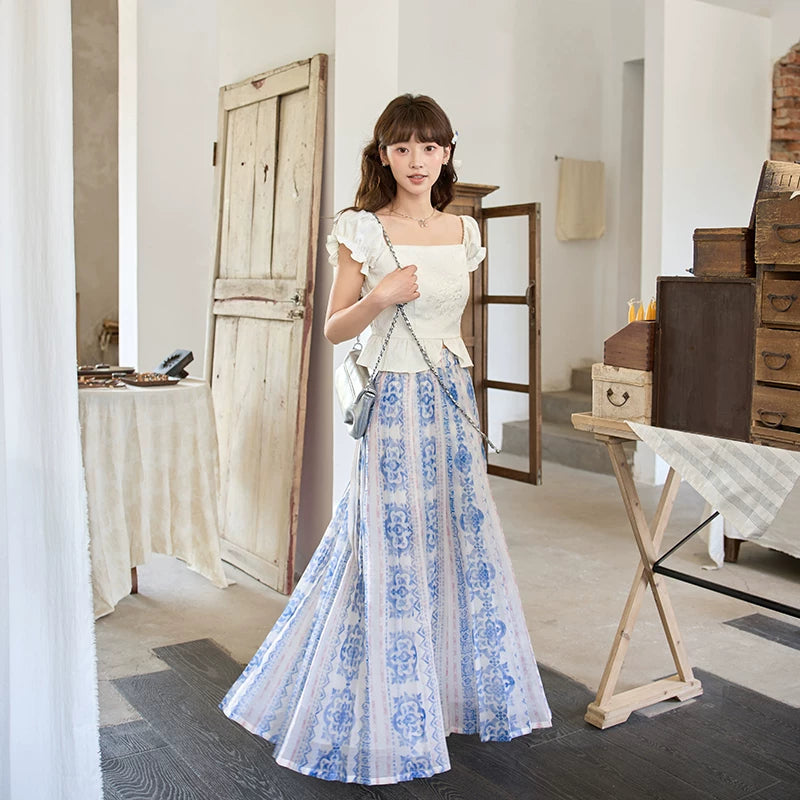 Bishanghua Denim Hanfu Set—Long Bijia Vest & Printed Chiffon Skirt modern Shisanyu Wall flower, lower skirt + Azure cloud top S
