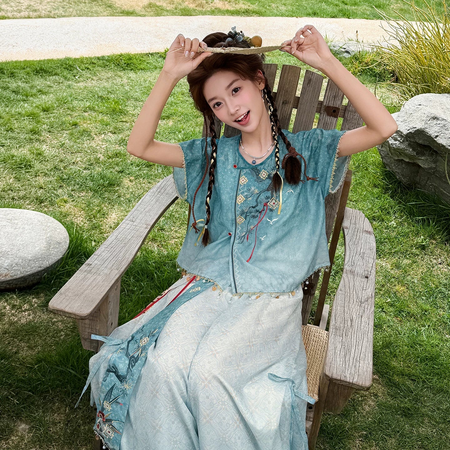(Pre-Order)[Pine Lake] Modern Tang Style 2-Piece Blue Hanfu Set modern Shisanyu 2-Piece Set XS
