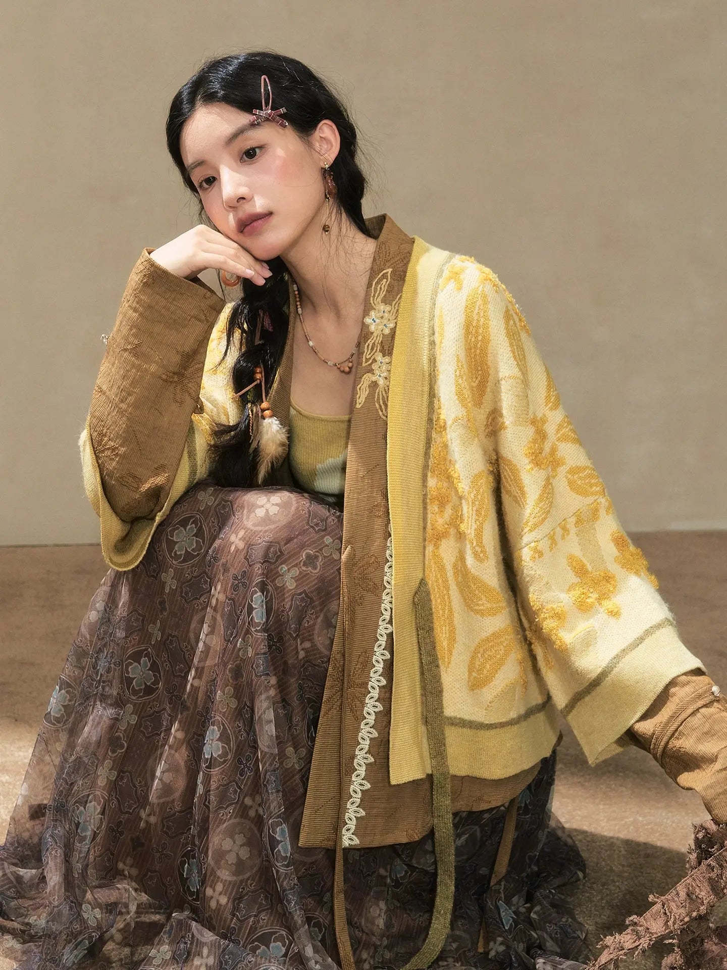 July Eve [caramel wood] embroidered knitted vest cardigan mesh skirt han HanFuDreams Suspender + Short Shirt + Half Arm + Pleated Skirt S