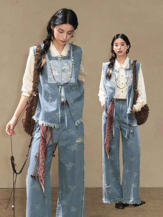 July Eve [Huayang] Lace White Shirt Jacquard Denim Vest Ripped Jeans modern July Eve