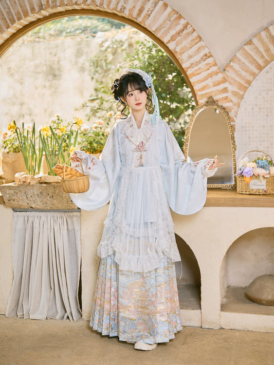 Flower Fairy Story [Yan Yunting] Pipa Sleeve Crossneck Shirt Blue Horse Skirt Set Ming ming HanFuDreams