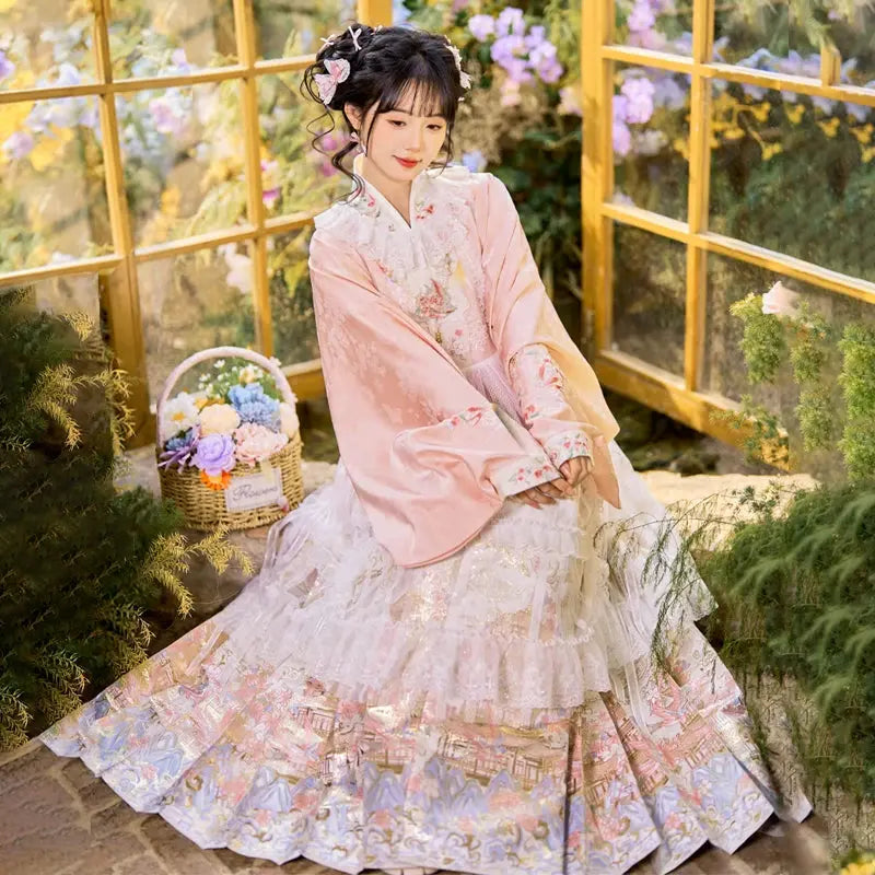 Flower Fairy Story [Yan Yunting] Pipa Sleeve Crossneck Shirt Blue Horse Skirt Set Ming ming HanFuDreams Yan Yunting Covered Skirt M