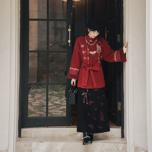 More than thirteen [Ode to Pepper Blossoms] red woolen jacket embroidered skirt modern HanFuDreams Four-piece set S