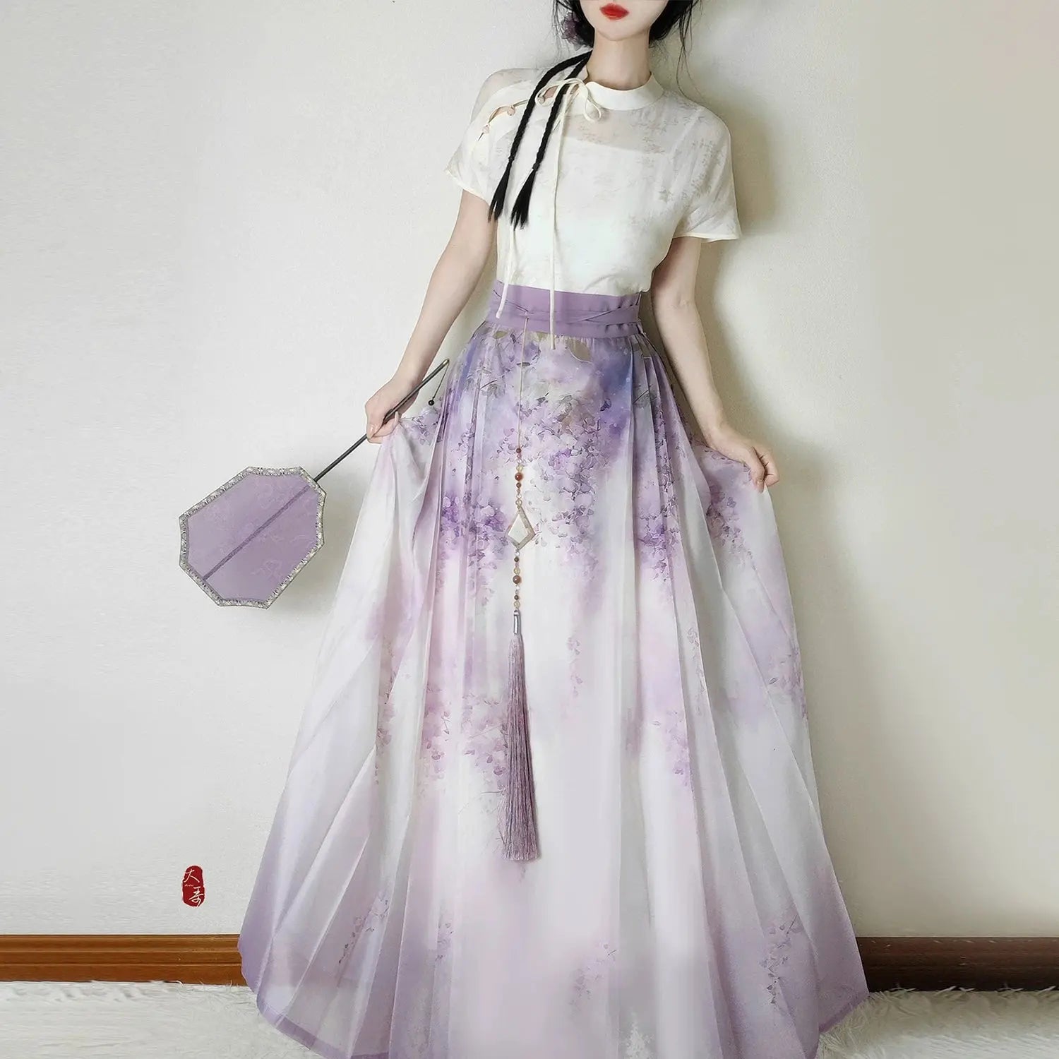 Flower Fairy Story [Wisteria] Light gauze skirt High texture printed horse skirt modern HanFuDreams Wisteria horse dress S