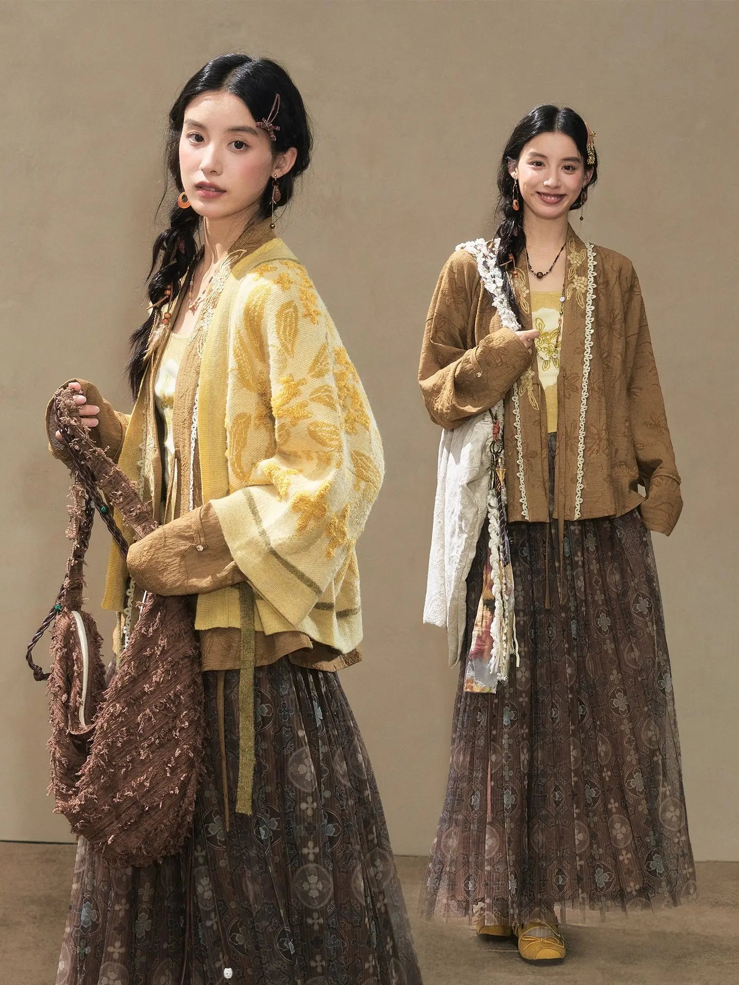 July Eve [caramel wood] embroidered knitted vest cardigan mesh skirt han HanFuDreams