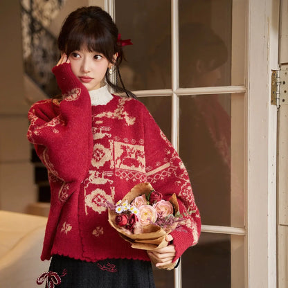 More than thirteen [Zhuxi] red New Year's round neck women's knitted sweater modern HanFuDreams Crew neck cardigan + cedar, sweater + Ode to Peppers, skirt S