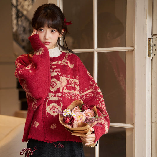 More than thirteen [Zhuxi] red New Year's round neck women's knitted sweater modern HanFuDreams Crew neck cardigan + cedar, sweater + Ode to Peppers, skirt S