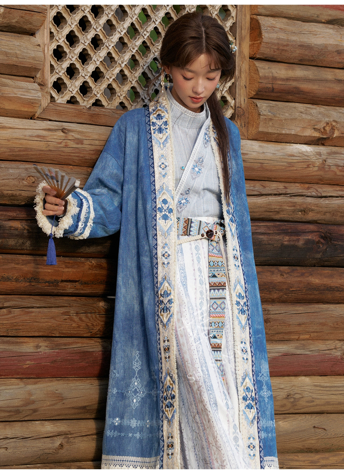 More than thirteen [Cangming Night] denim embroidered jacket curved collar top trousers set modern HanFuDreams