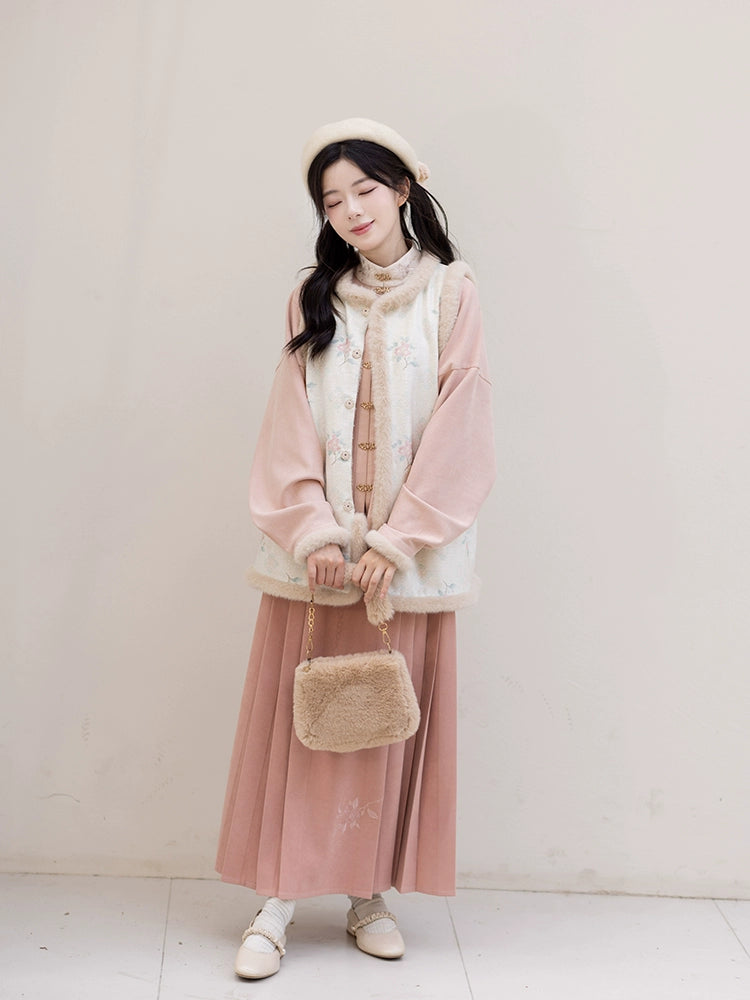 Chi Xia [Camellia Peach] Fleece Bijia Short Shirt Horse Face Skirt Ming ming HanFuDreams