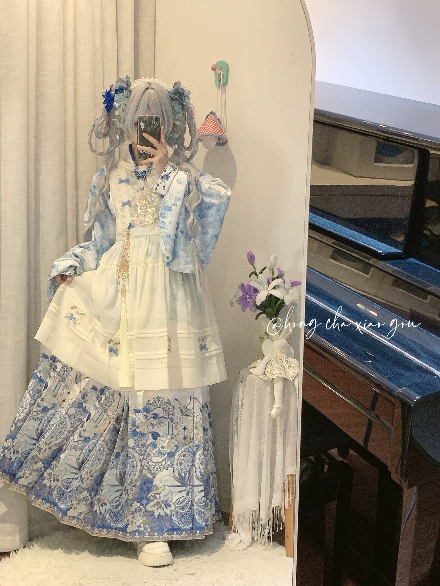 Flower Fairy Story [Celadon Mirror] Pipa Sleeve Blue and White Porcelain Horse Dress Set Han han HanFuDreams
