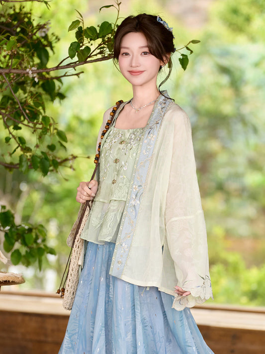 More than thirteen [Clear Light] Modern Blue Hanfu 3-Piece Set modern HanFuDreams