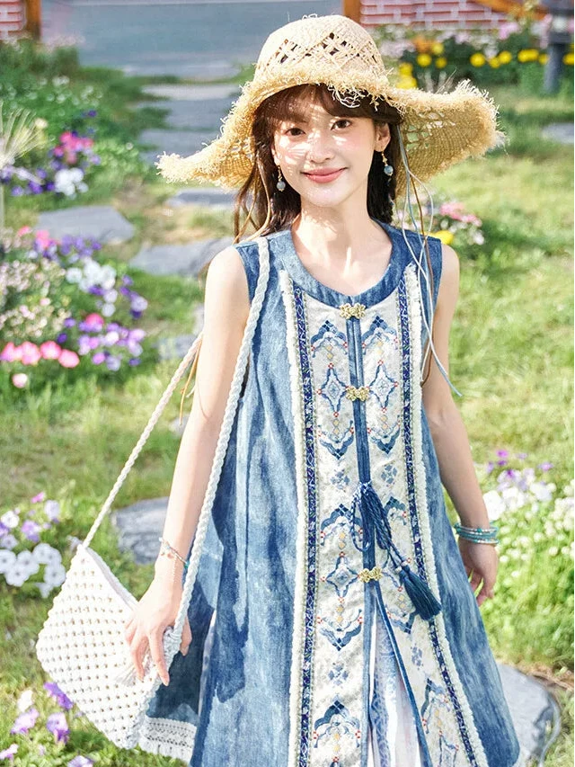 Bishanghua Denim Hanfu Set—Long Bijia Vest & Printed Chiffon Skirt modern Shisanyu