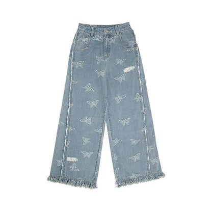 July Eve [Huayang] Lace White Shirt Jacquard Denim Vest Ripped Jeans modern HanFuDreams Flower, jeans XS