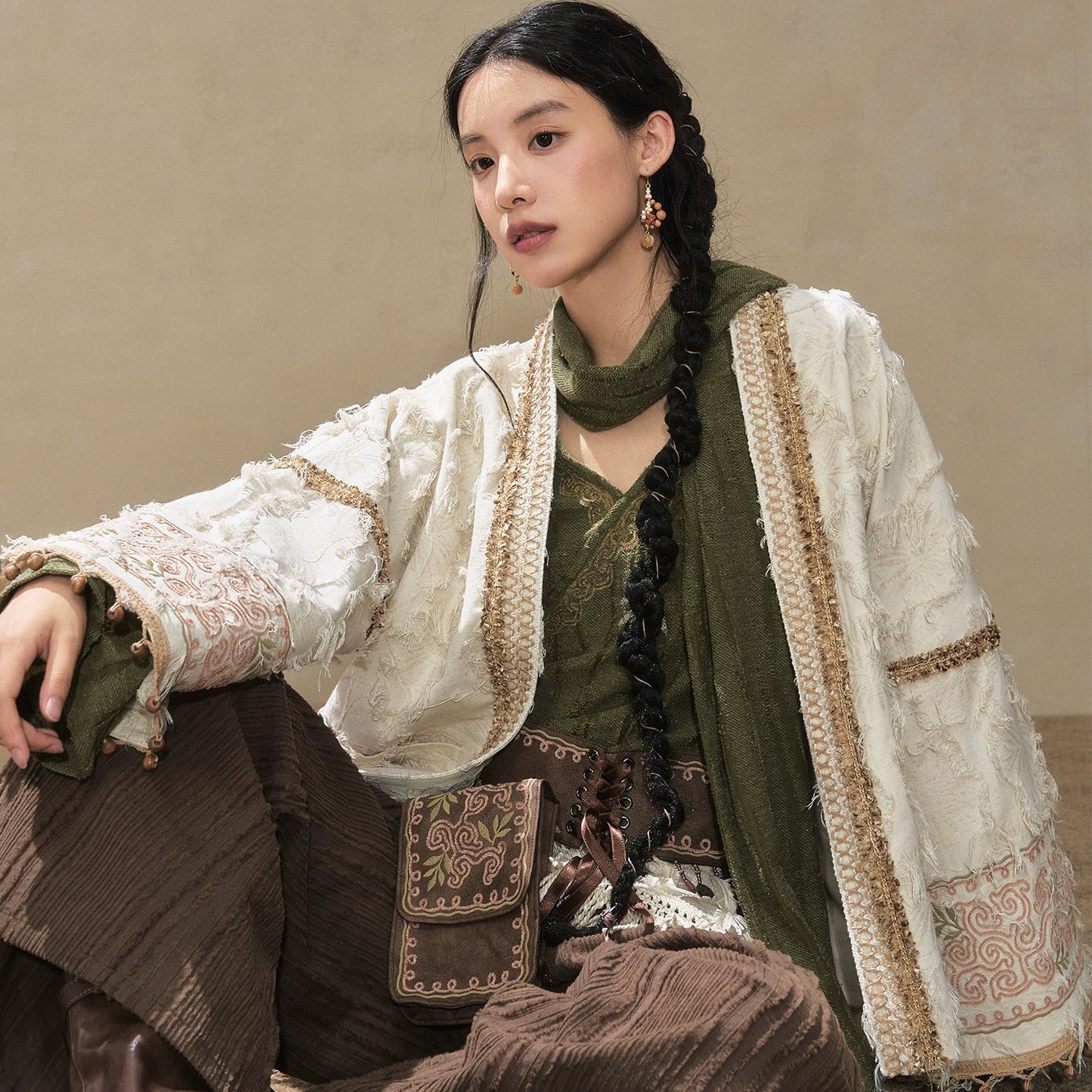 July Eve [Wind Erosion Moss Clothing] Padded Short Jacket, Collar Top, Wide Pants modern HanFuDreams Short jacket + short shirt + Song pants XS