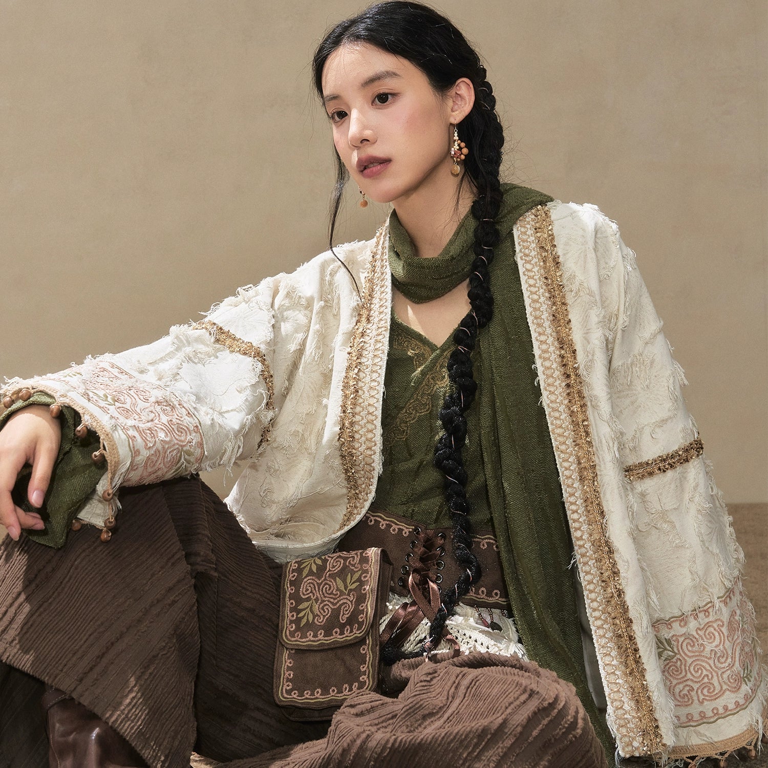 July Eve [Wind Erosion Moss Clothing] Padded Short Jacket, Collar Top, Wide Pants modern HanFuDreams Short jacket + short shirt + Song pants XS