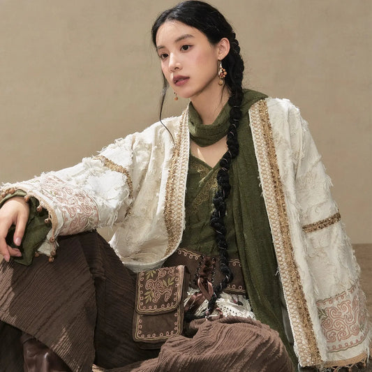 July Eve [Wind Erosion Moss Clothing] Padded Short Jacket, Collar Top, Wide Pants modern July Eve Short jacket + short shirt + Song pants XS