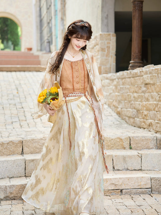 More than thirteen [flowing golden strands] cardigan suspender skirt ethnic style suit modern HanFuDreams