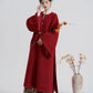 Snow Perched Red Branch - Red Hanfu Wool Coat—White Fur Collar & Back Waist Tie Flower Fairy Story