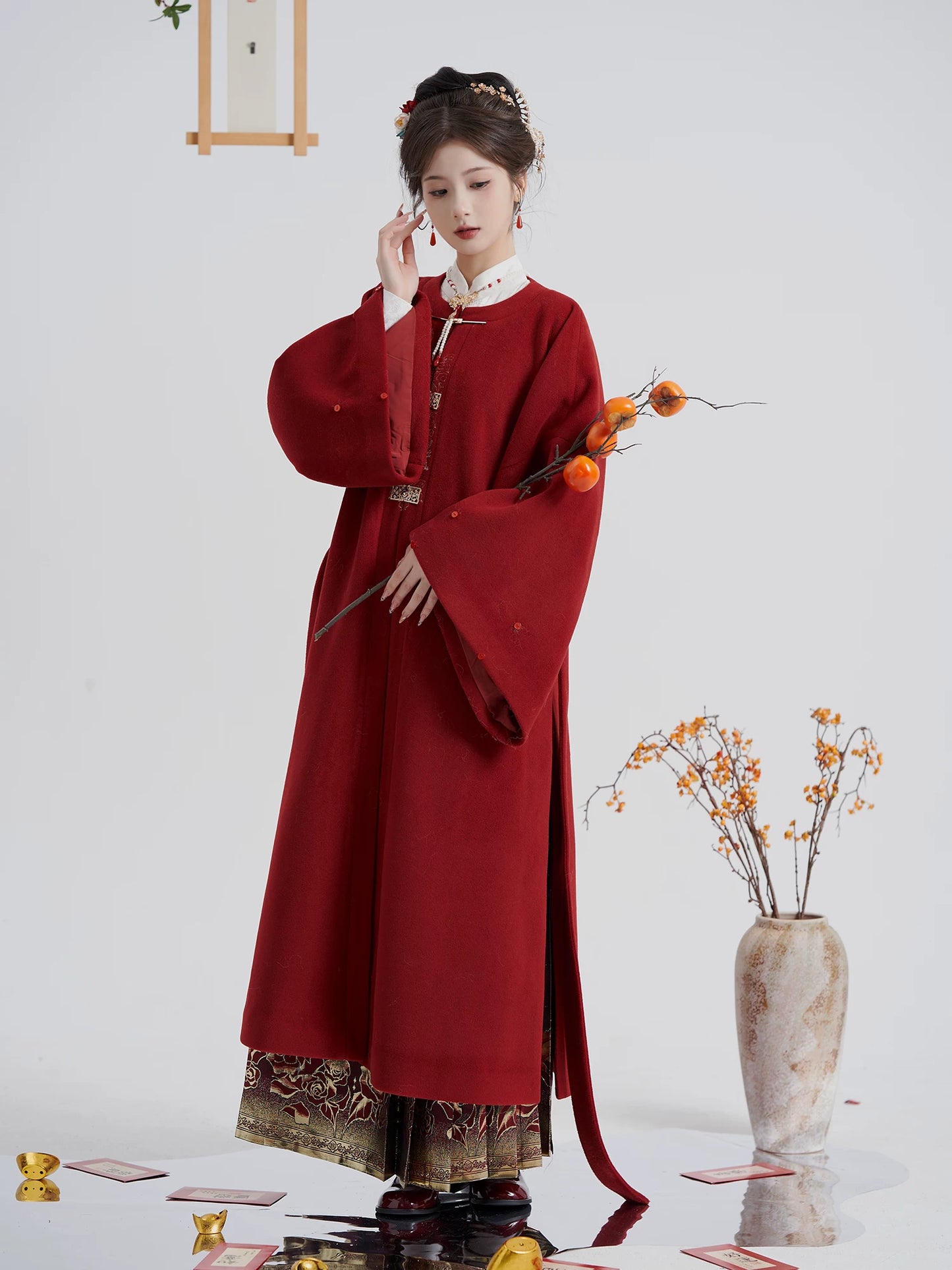 Snow Perched Red Branch - Red Hanfu Wool Coat—White Fur Collar & Back Waist Tie Flower Fairy Story