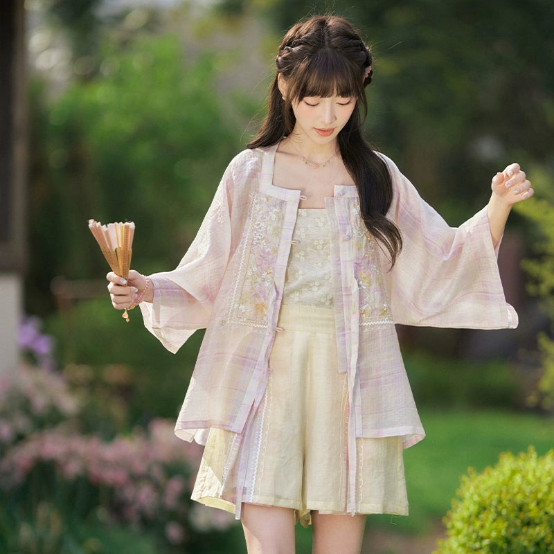 More than thirteen [vine smoke] half-sleeved anti-penetration shorts, national style set modern HanFuDreams Square collar half sleeve + shorts + hibiscus shadow, suspenders S