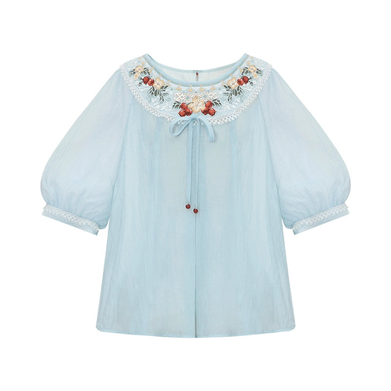 More than thirteen [summer pomegranate] 2025 summer new national style shirt skirt set modern HanFuDreams shirt S