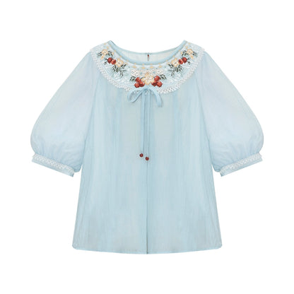 More than thirteen [summer pomegranate] 2025 summer new national style shirt skirt set modern HanFuDreams shirt S