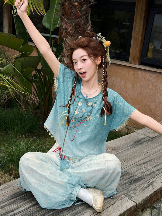More than thirteen [Pine Lake] Modern Tang Style 2-Piece Blue Hanfu Set modern HanFuDreams