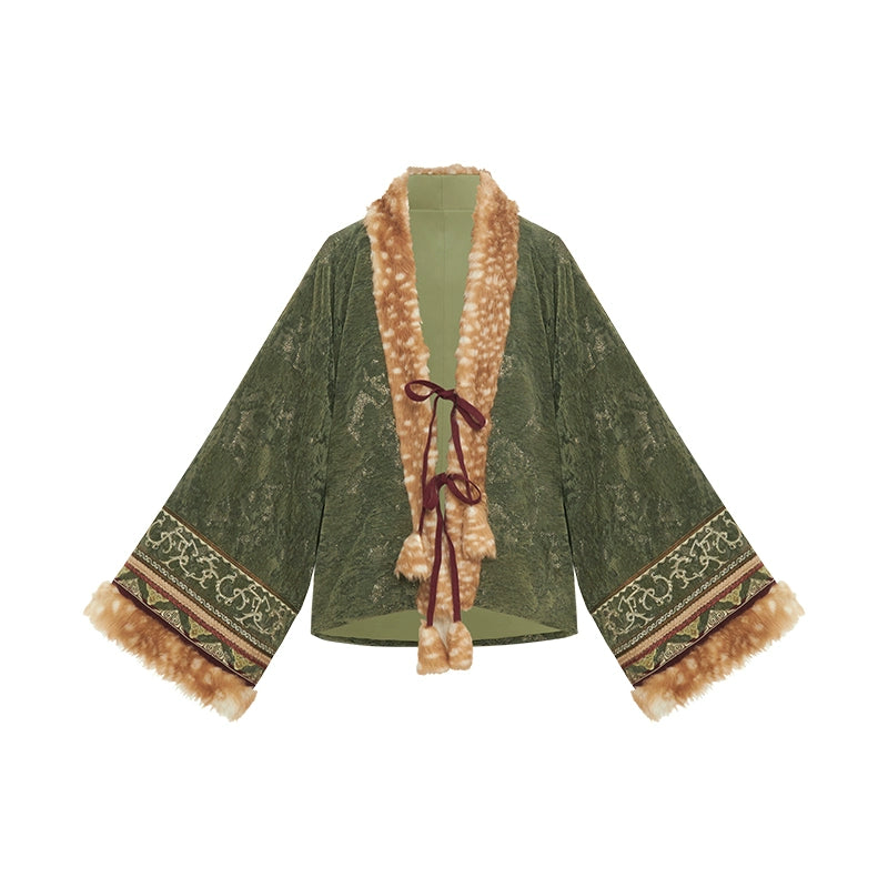 More than thirteen [Linglu] bird pattern printed dress ethnic style set modern HanFuDreams pleated coat S