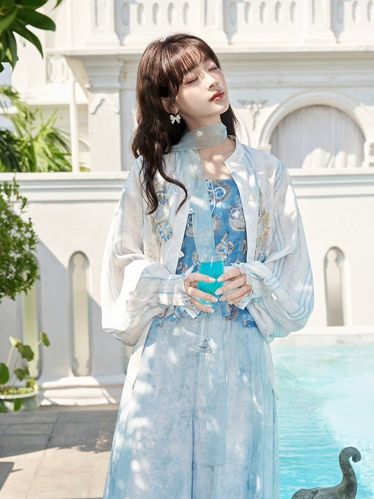 More than Thirteen [Sea, Moon and Wind] Spring Shirt Printing Suspender National Style Set modern HanFuDreams