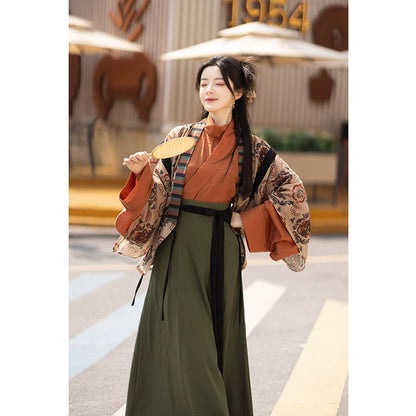 Hanfu Curved Collar Shirt & Broken Skirt Set jin HanFuDreams Three-piece set (upper < unk > + Tencel short shirt + green eight-broken skirt) S
