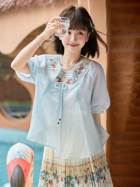 More than thirteen [summer pomegranate] 2025 summer new national style shirt skirt set modern HanFuDreams