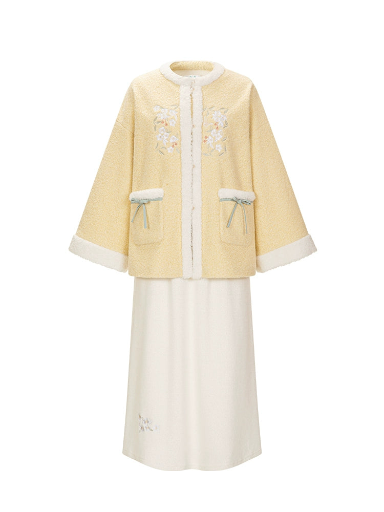 Chi Xia [Fleece Butter] Crew Neck Short Jacket Umbrella Skirt Han han HanFuDreams