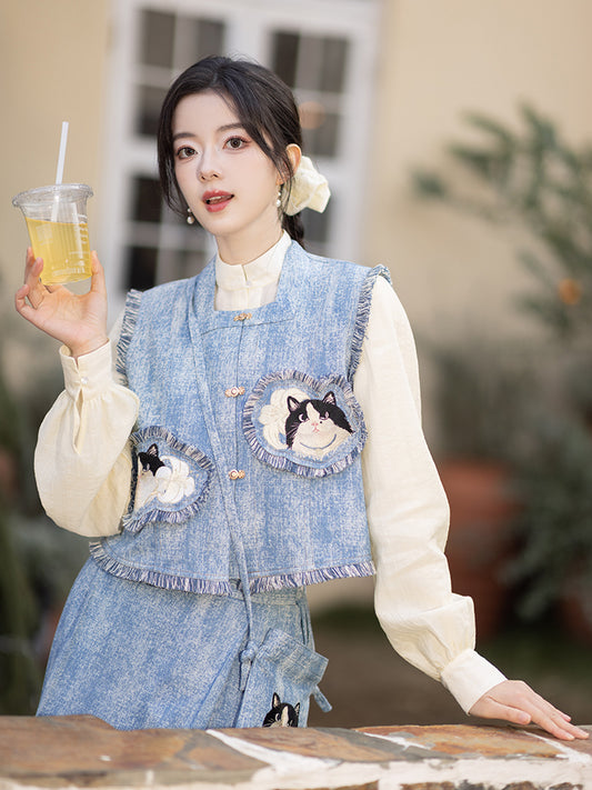 Chemise en Tencel Bijia brodée de chat, robe de cheval Hanfu
