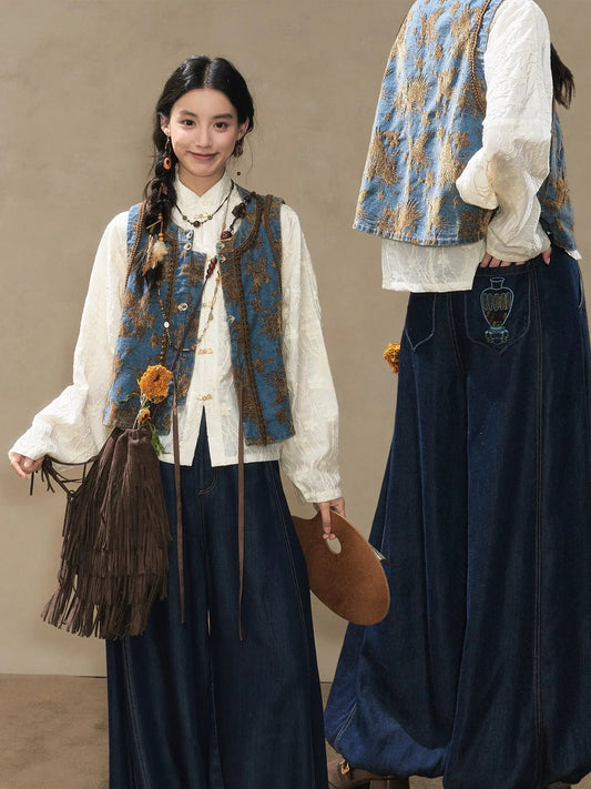 July Eve [Guanghan Cheese] Denim Short Bijia White Shirt Bloomers Han han July Eve