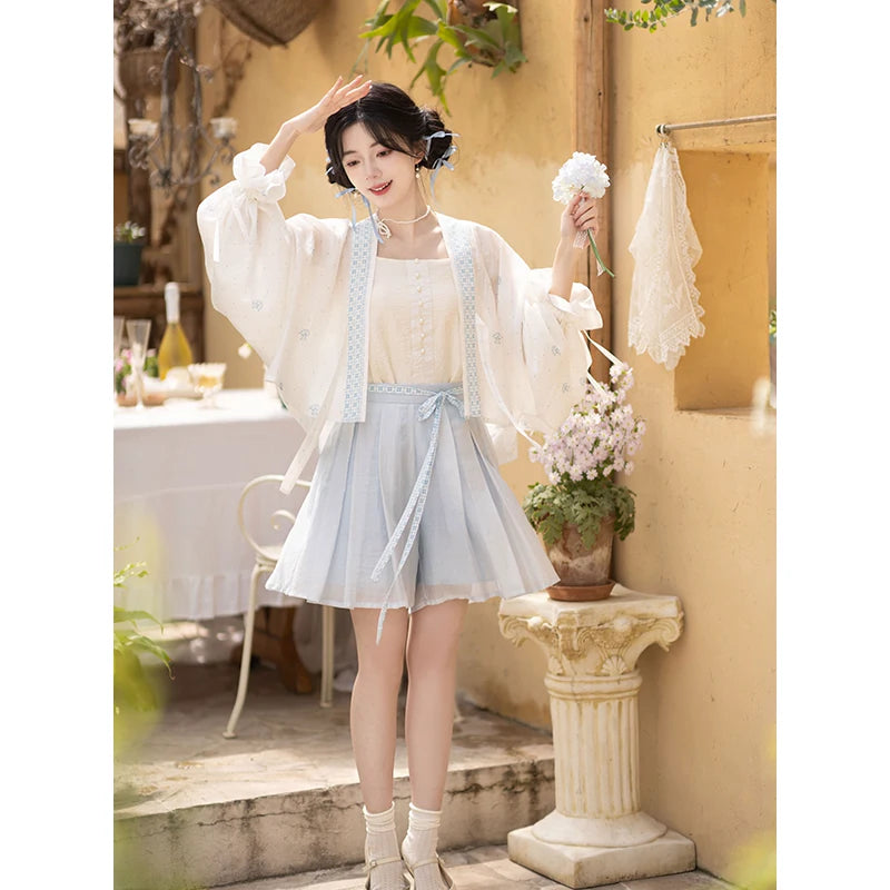 Tang Tiansi Silk Hanfu Summer Set — Top, Six-Panel Skirt & Shorts han Chixia Two-piece Set (Top+Shorts) S spot