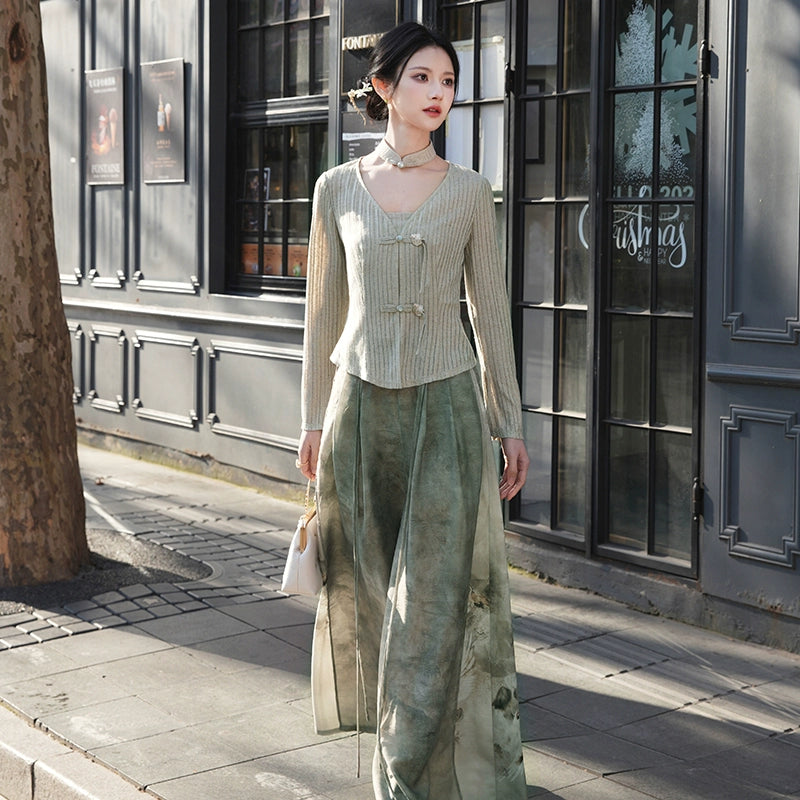 More than thirteen [Linchun poems] knitted cardigan wide-leg pants set spring HanFuDreams two-piece set S