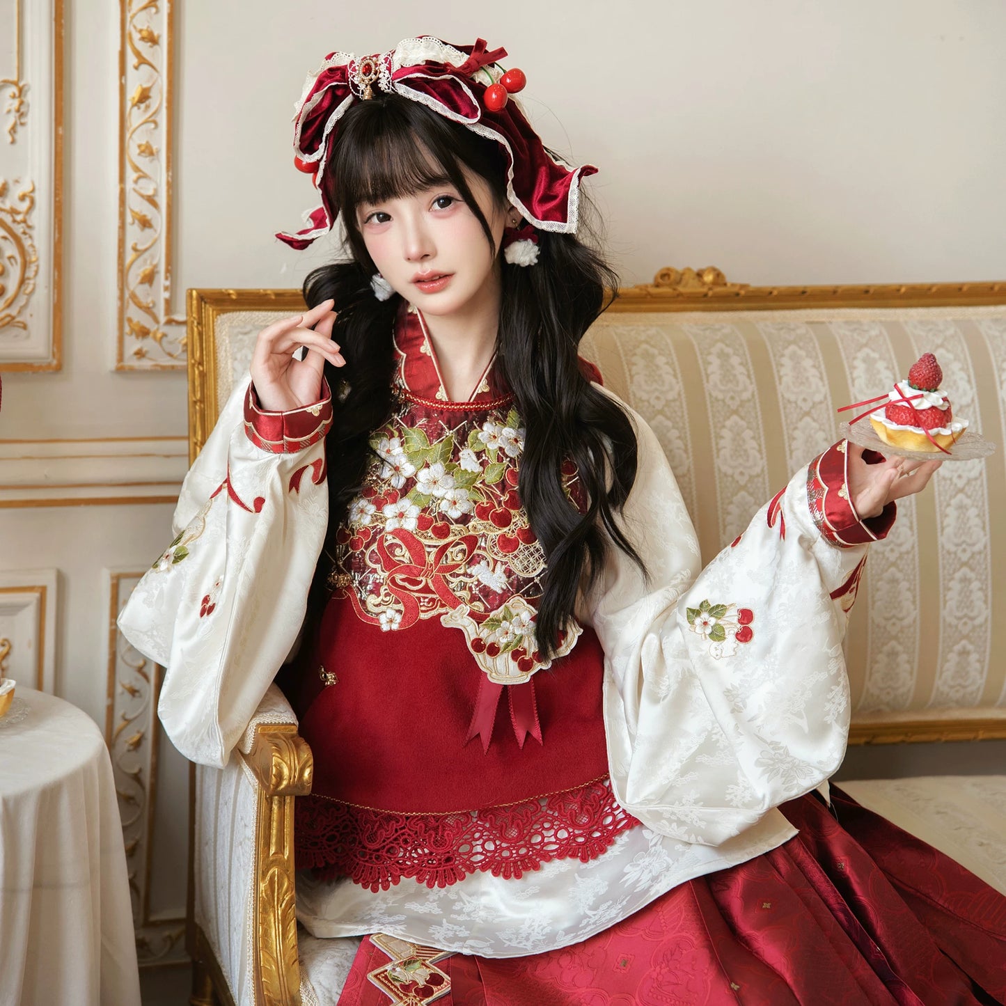 Flower Fairy Story [Cherry Tea Party] Pipa Sleeve Horse Dress Set Han han HanFuDreams Embroidery Bijia 3-piece set, free small teapot accessories. S