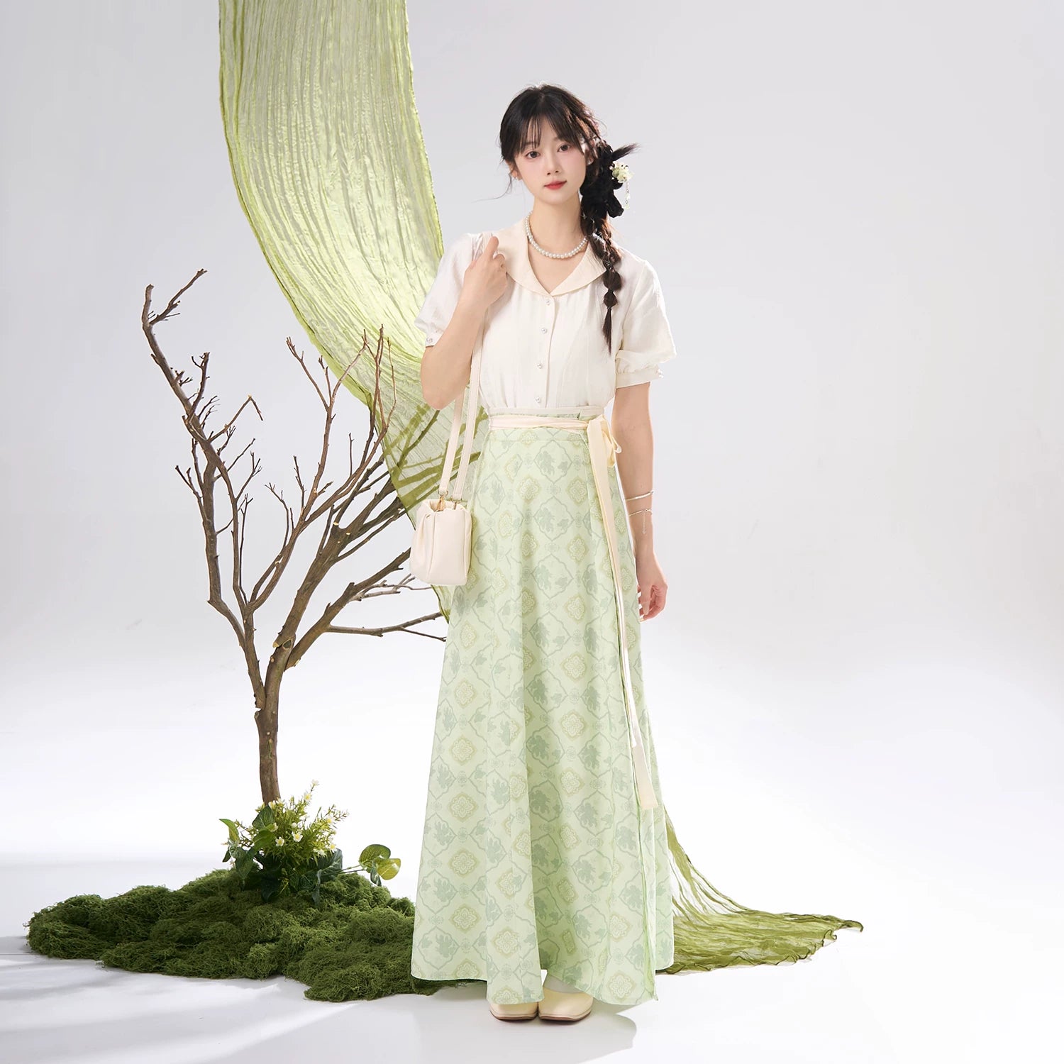 Flower Fairy Story [Qinhe Ying] One-piece jacquard eight-broken skirt Tang tang HanFuDreams Light green broken skirt set S