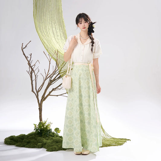 Flower Fairy Story [Qinhe Ying] One-piece jacquard eight-broken skirt Tang tang HanFuDreams Light green broken skirt set S