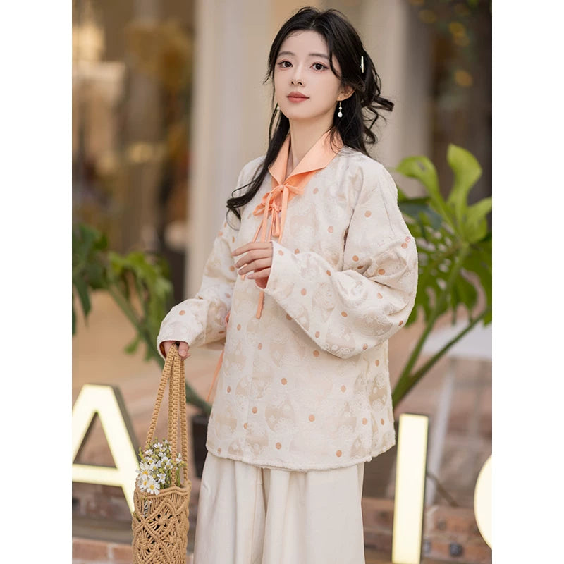 Chi Xia [Taoxi Room] Ming-made lapel shirt Tencel straight waist pants ming HanFuDreams Taoxi Room Two-piece Set (Orange Shirt + Beige Pants) S