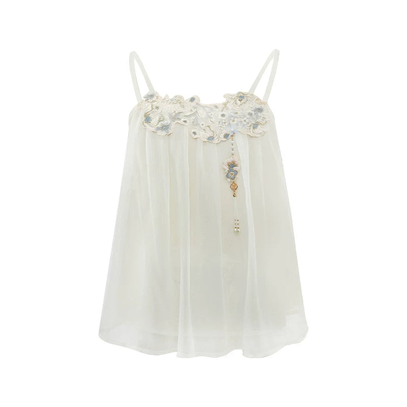 Qingzhi Tencel Hanfu Set with Embroidered Cardigan and Wide-Leg Pants modern Shisanyu Embroidered Camisole XS