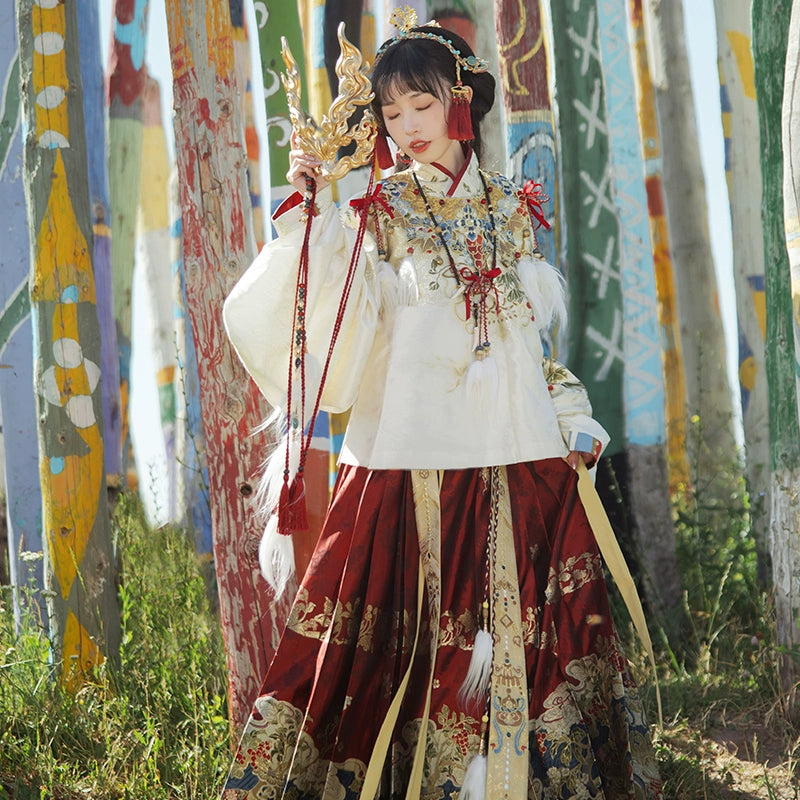 More than thirteen [Jiuyao golden branches] red horse dress Ming Hanfu women's autumn and winter ming HanFuDreams Four-piece set (red) XS