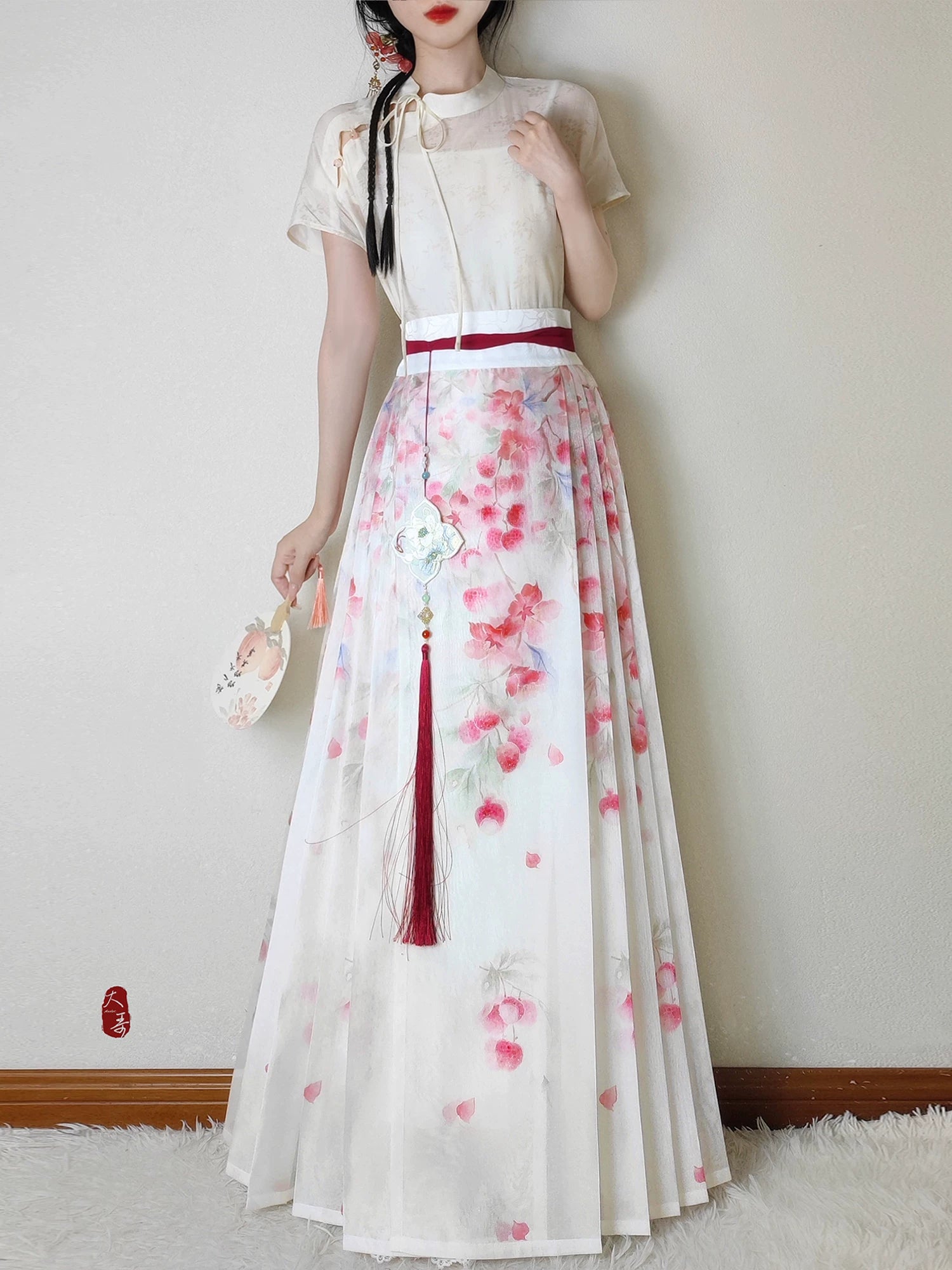 Flower Fairy Story [Lychee] Light gauze skirt High texture printed horse skirt modern HanFuDreams