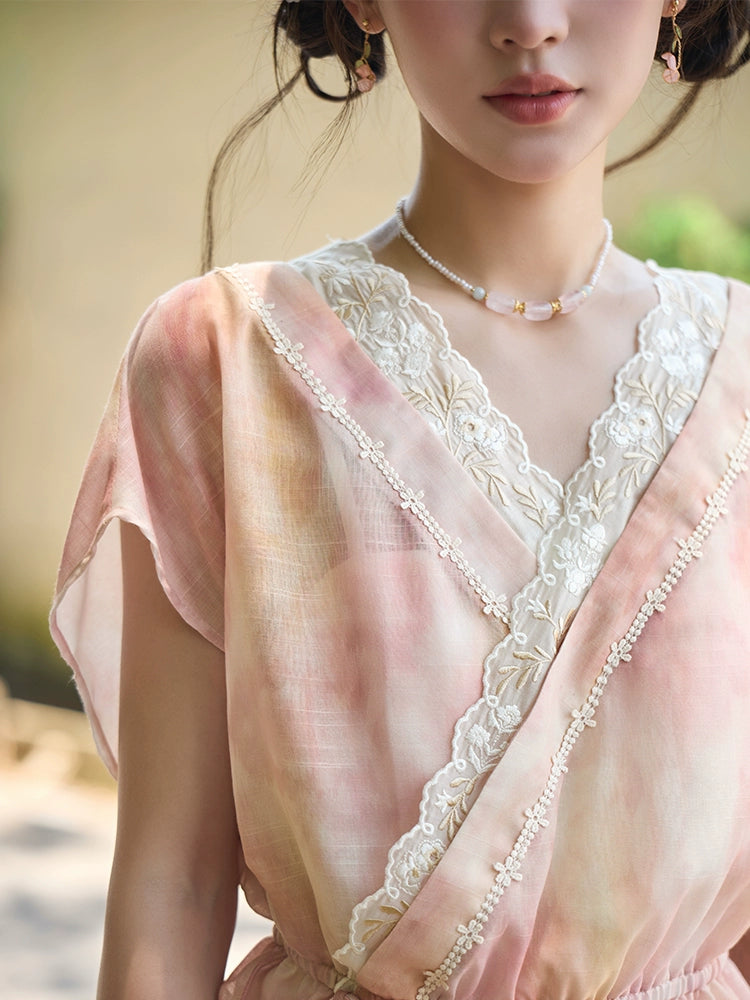 More than thirteen [Xiaohe Flip] Summer national style smudged pink top and shorts set HanFuDreams