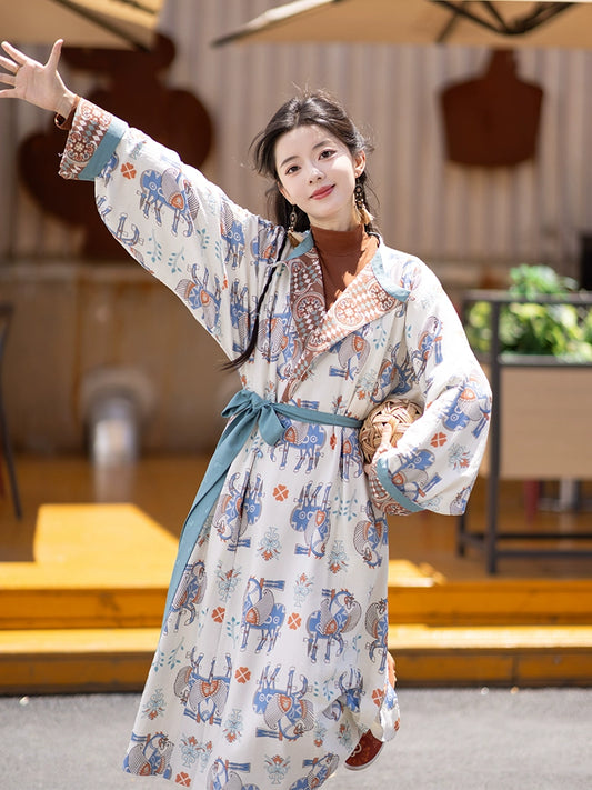 Chi Xia [Wind Tread Frost Clothing] Crew Neck Robe Tencel Bloomers Tang