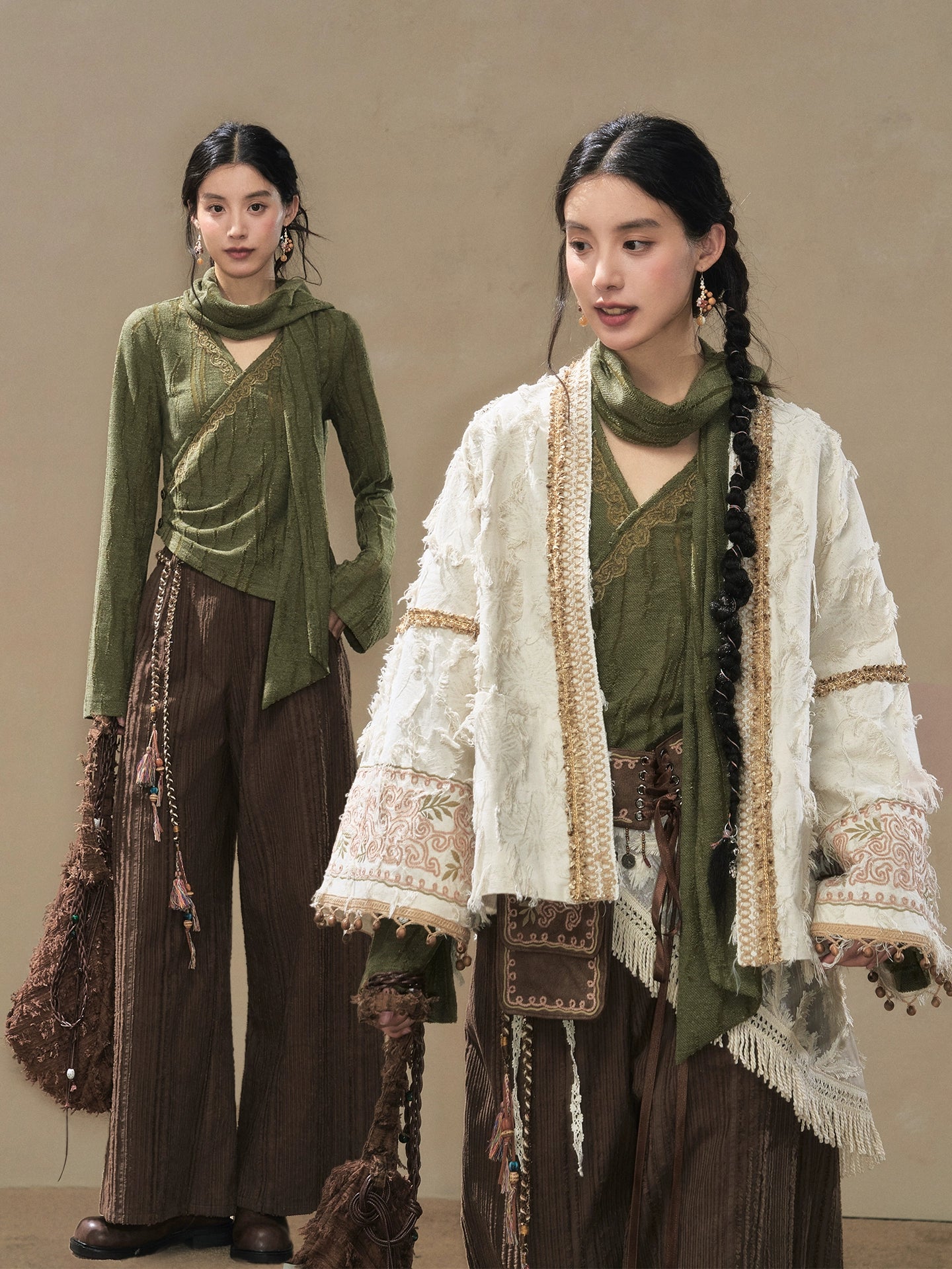 July Eve [Wind Erosion Moss Clothing] Padded Short Jacket, Collar Top, Wide Pants modern HanFuDreams