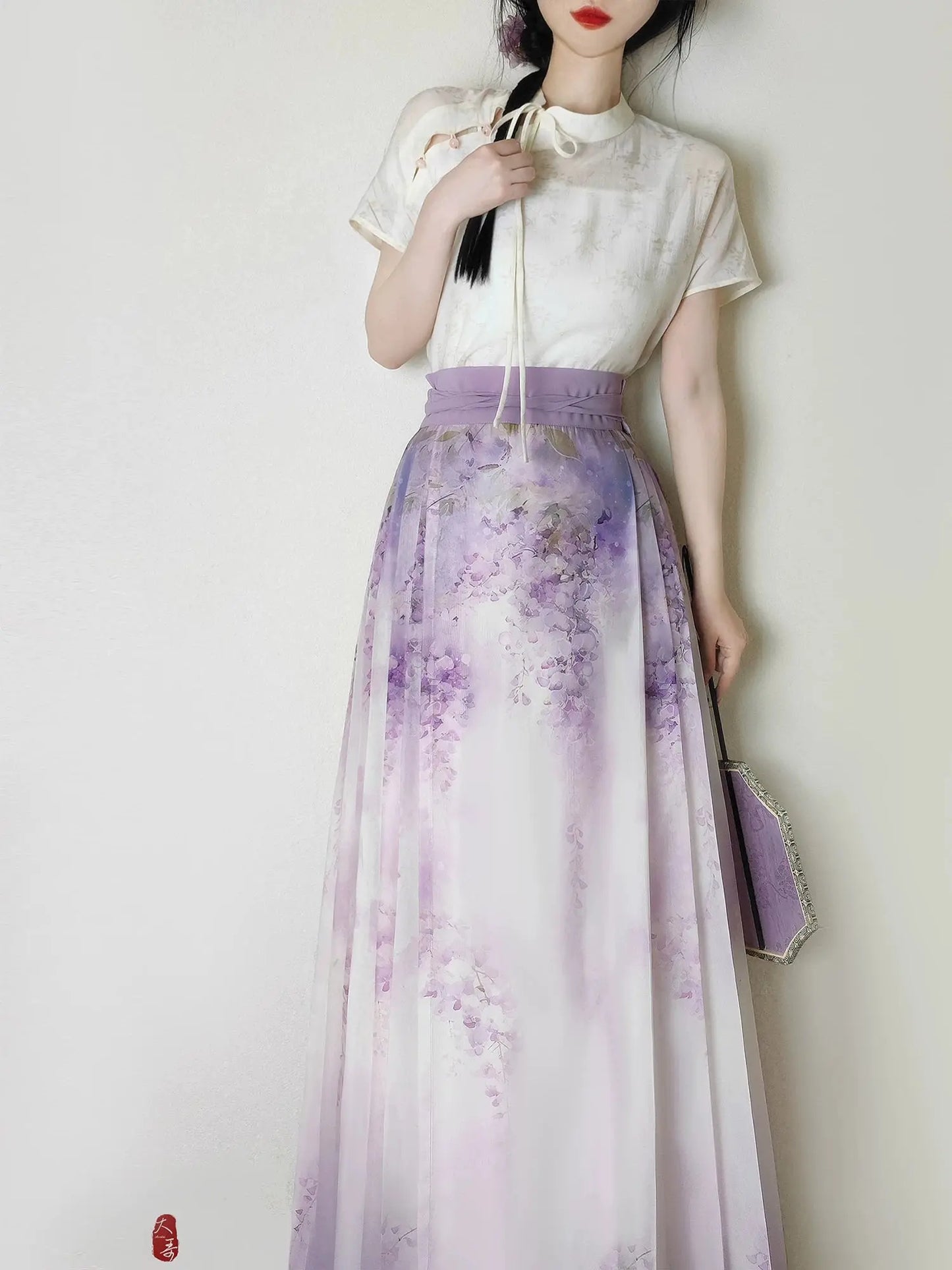 Flower Fairy Story [Wisteria] Light gauze skirt High texture printed horse skirt modern HanFuDreams