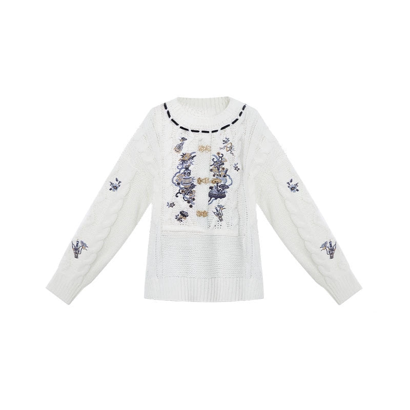 More than thirteen [blue and white] embroidered crew neck sweater spliced denim skirt