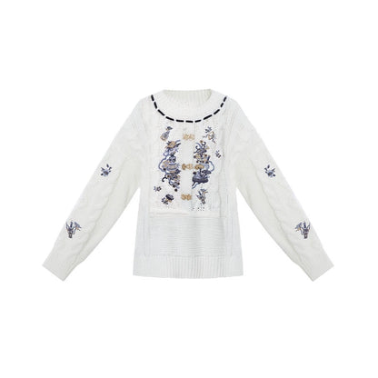 More than thirteen [blue and white] embroidered crew neck sweater spliced denim skirt