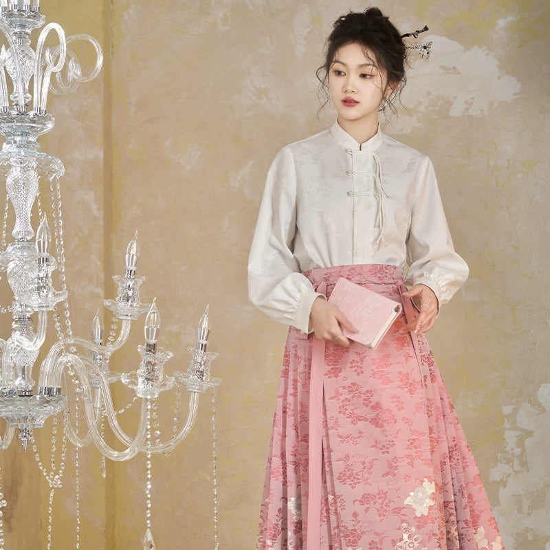 More than thirteen [Mary Cat] Pink horse-faced skirt plush Hanfu han HanFuDreams Ink white two-piece set in stock XS